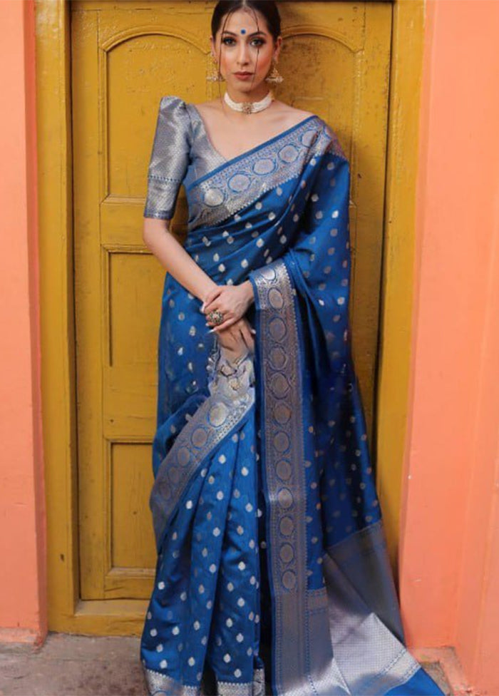 Blue Banarasi Silk Saree With Blouse Piece Outlet Pices