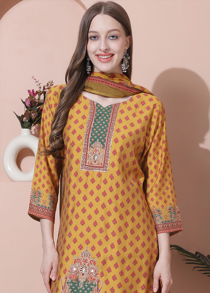 3 Pc Mustard Unstitched Silk Suit Set Buy Cheap Limited Edition