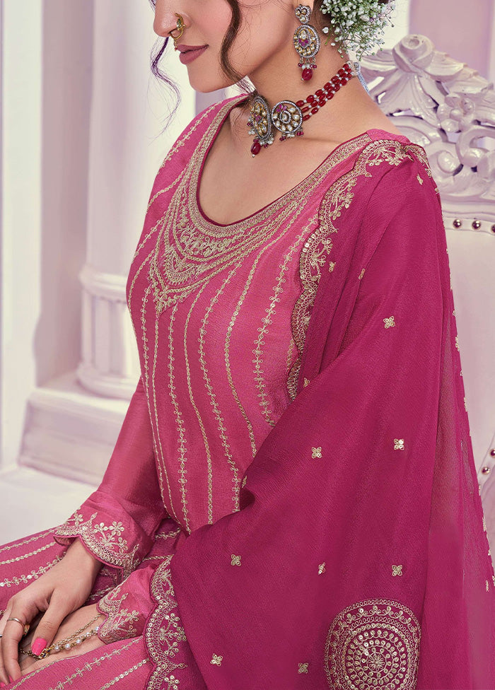 3 Pc Pink Semi Stitched Silk Dupatta Suit Set Buy Cheap Footlocker Pictures