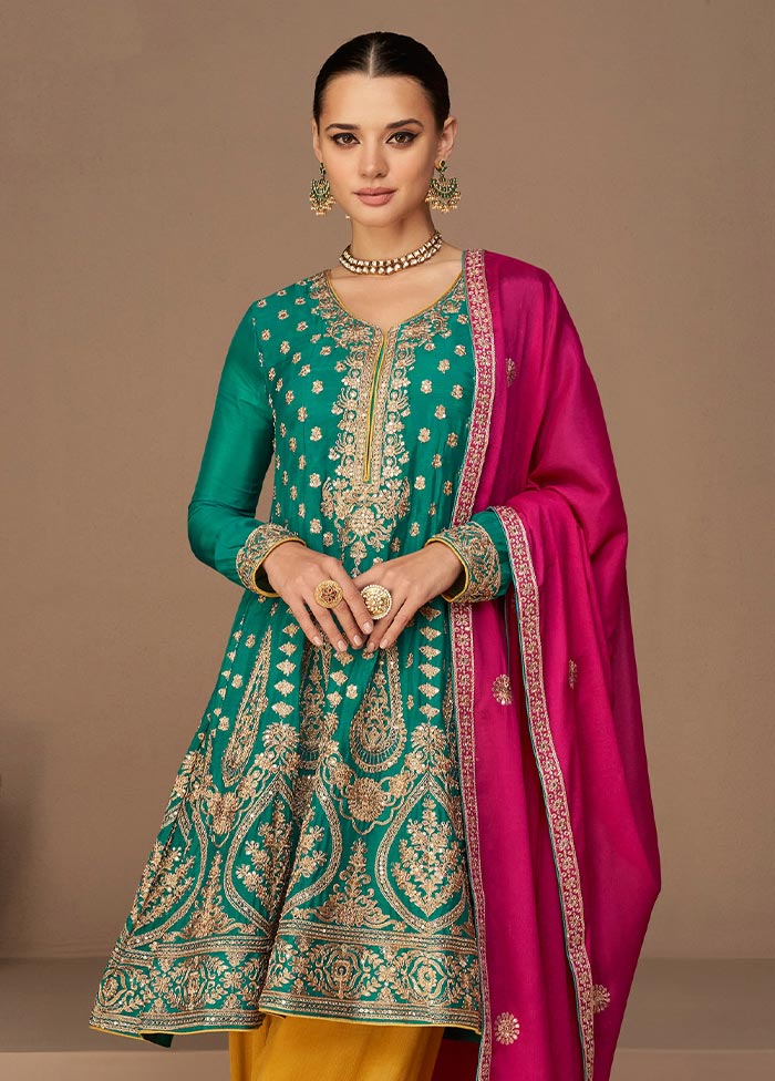 3 Pc Rama Green Semi Stitched Georgette Suit Set Under 70 Dollars