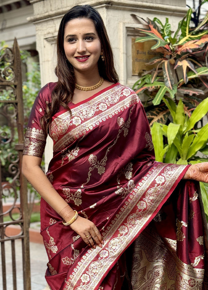 Maroon Banarasi Silk Saree With Blouse Piece Many Kinds Of Cheap Pice