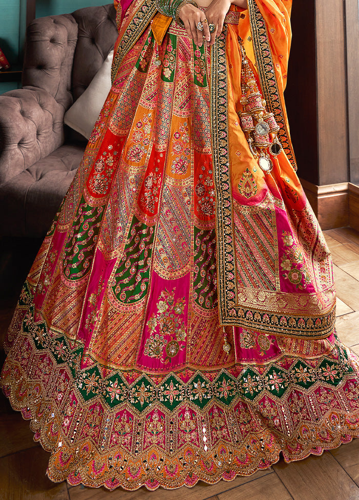 3 Pc Multicolor Silk Semi Stitched Lehenga Set Outlet Top Quality