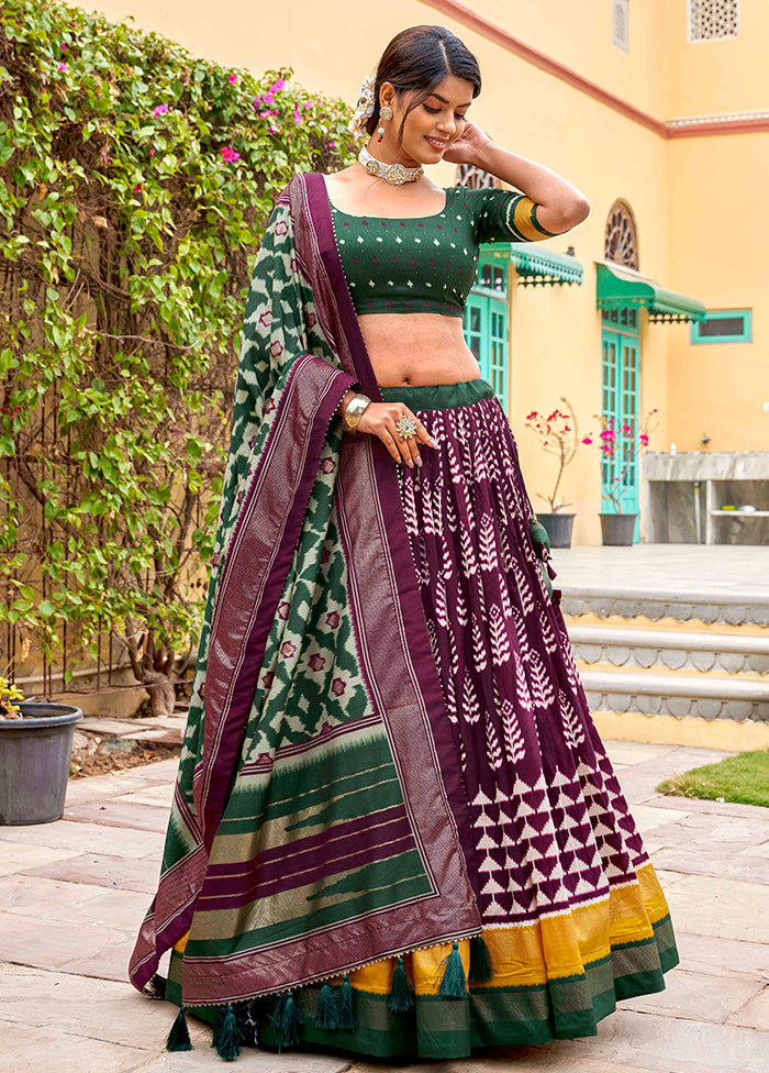 3 Pc Wine Silk Semi Stitched Lehenga Set Outlet Fashionable