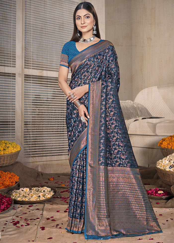 Blue Spun Silk Saree With Blouse Piece Cheap Sale Pictures