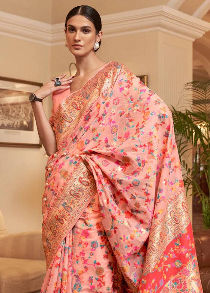 Peach Banarasi Silk Saree With Blouse Piece Choice For Sale