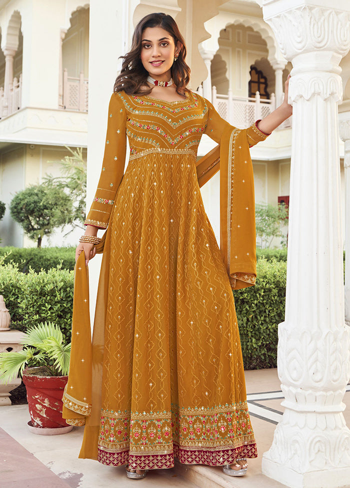 3 Pc Mustard Unstitched Georgette Suit Set Under 70 Dollars