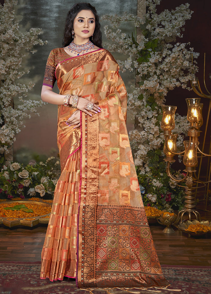 Peach Chanderi Silk Saree With Blouse Piece Sale Release Dates