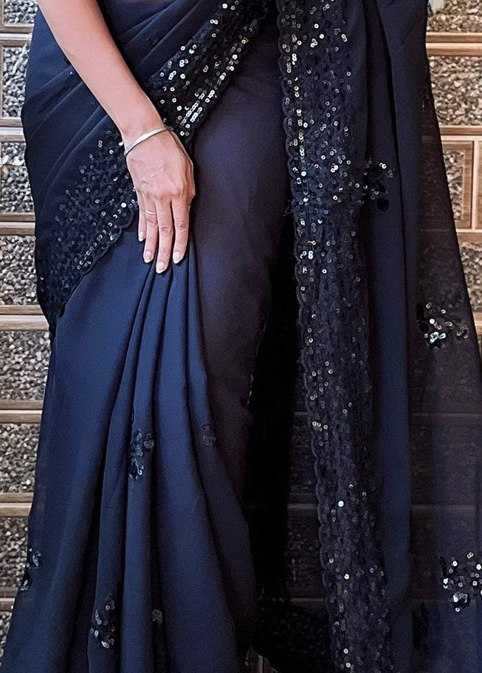 Black Georgette Saree With Blouse Piece Choice For Sale