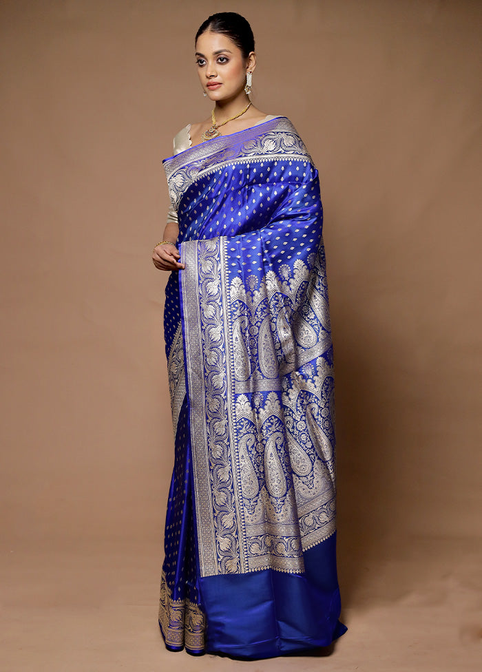 Blue Handloom Banarasi Pure Silk Saree With Blouse Piece Free Shipping Reliable