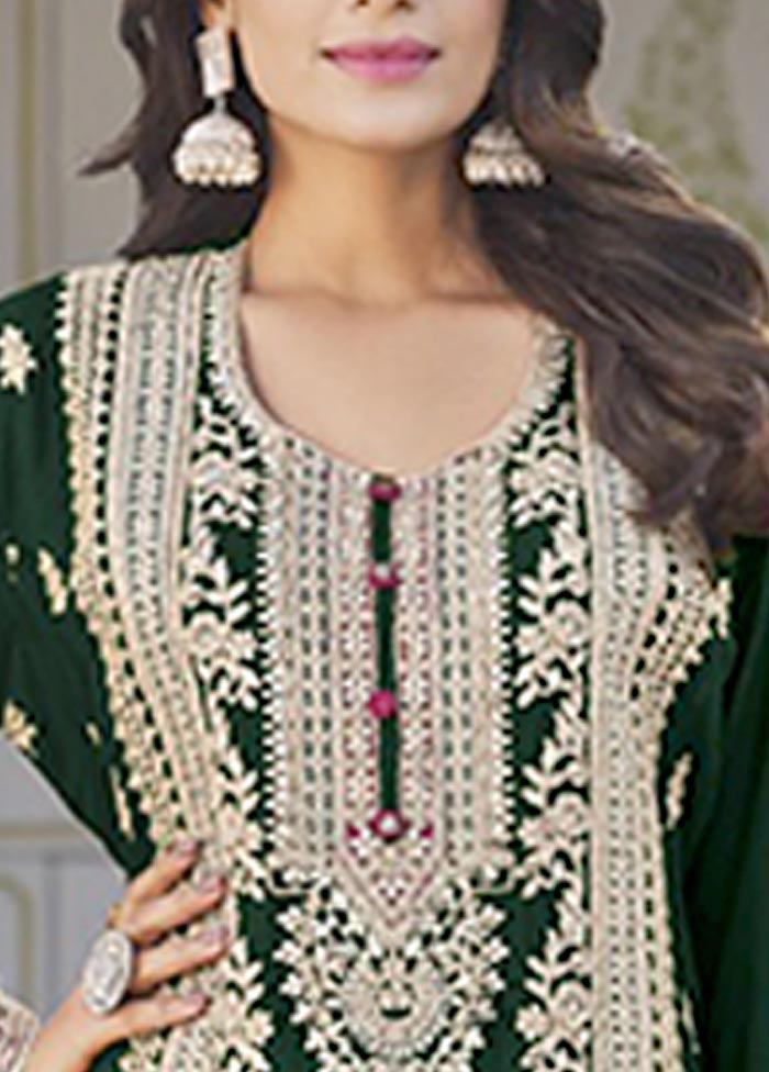 3 Pc Green Semi Stitched Silk Suit Set Best Pices For Sale