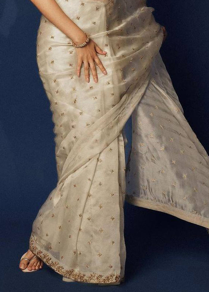 Beige Organza Saree With Blouse Piece Cheap Manchester Great Sale