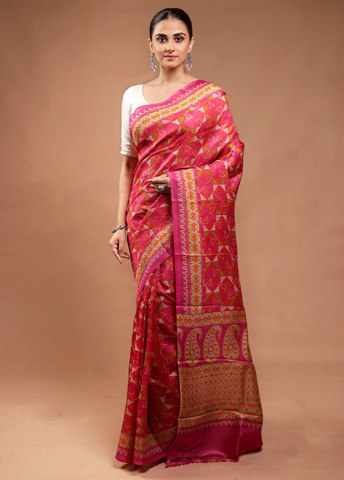 Pink Printed Pure Silk Saree Without Blouse Piece Cheap Sale Online