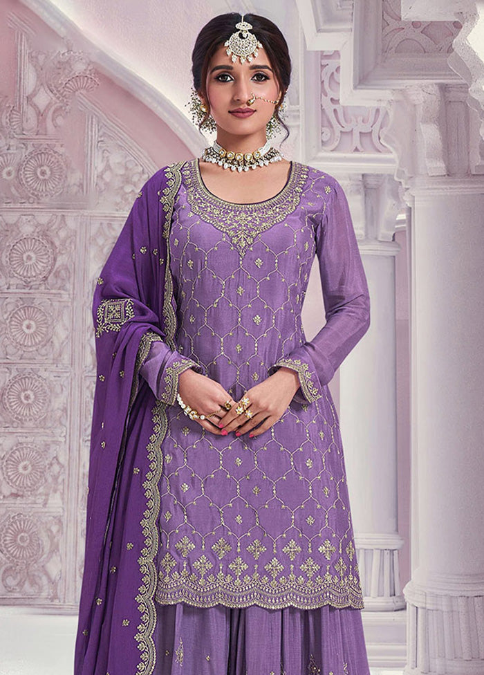 3 Pc Violet Semi Stitched Silk Dupatta Suit Set Latest Sale Online