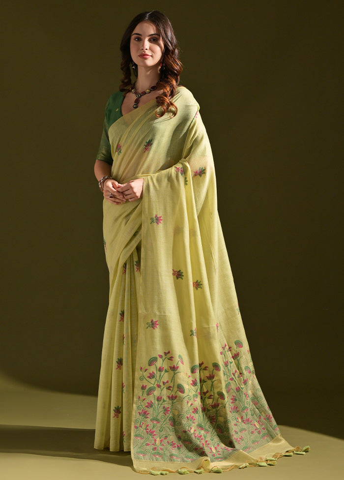 Pista Green Pure Cotton Saree With Blouse Piece Clearance From China