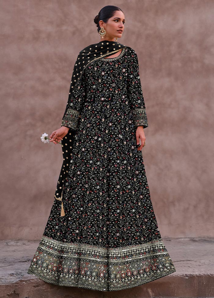 3 Pc Black Semi Stitched Georgette Suit Set Best Pices