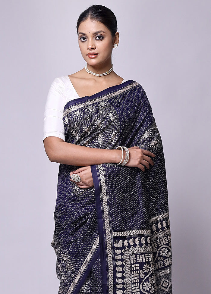 Blue Handloom Kantha Stitch Pure Silk Saree With Blouse Piece For Sale Free Shipping