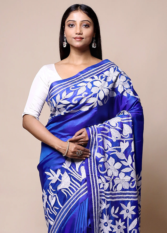 Blue Handloom Kantha Stitch Pure Silk Saree With Blouse Piece 100% Original Cheap Pice