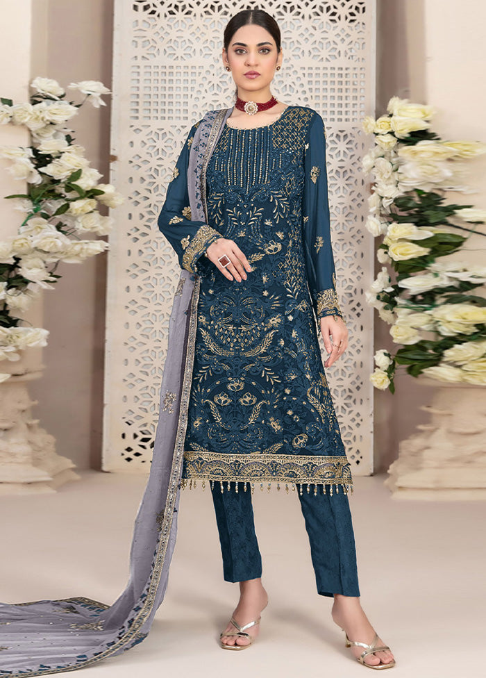 3 Pc Teal Semi Stitched Georgette Suit Set Finishline Online