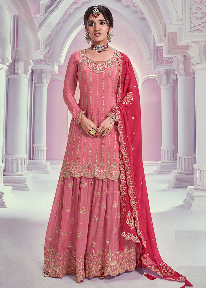 3 Pc Peach Semi Stitched Silk Dupatta Suit Set Clearance Supply