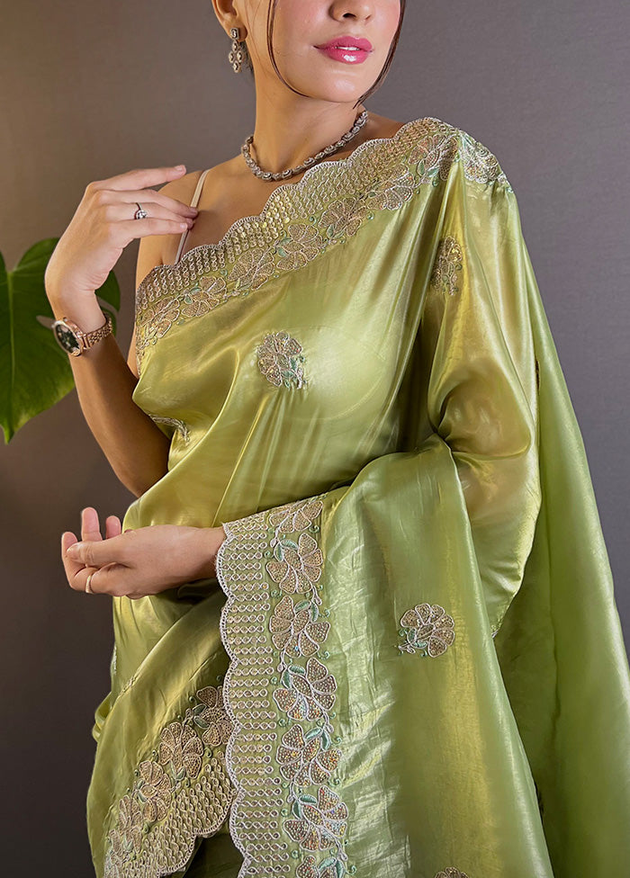 Green Spun Silk Saree With Blouse Piece Outlet Free Shipping Authentic