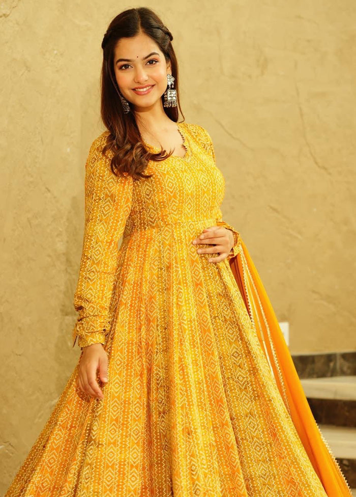 Yellow Readymade Georgette Indian Dress Discount Huge Surprise