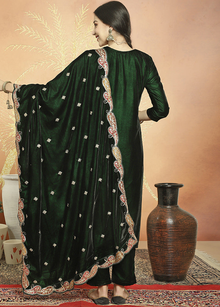 3 Pc Green Unstitched Velvet Suit Set Visit For Sale