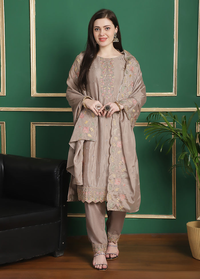 3 Pc Beige Unstitched Silk Suit Set Buy Cheap Best Store To Get