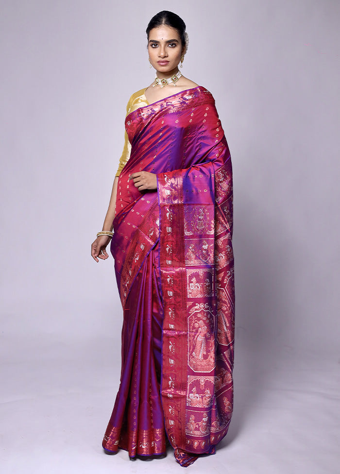 Purple Handloom Baluchari Pure Silk Saree With Blouse Piece Fashionable Online