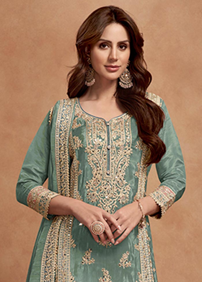 3 Pc Sea Green Semi Stitched Silk Suit Set Professional Cheap Pice