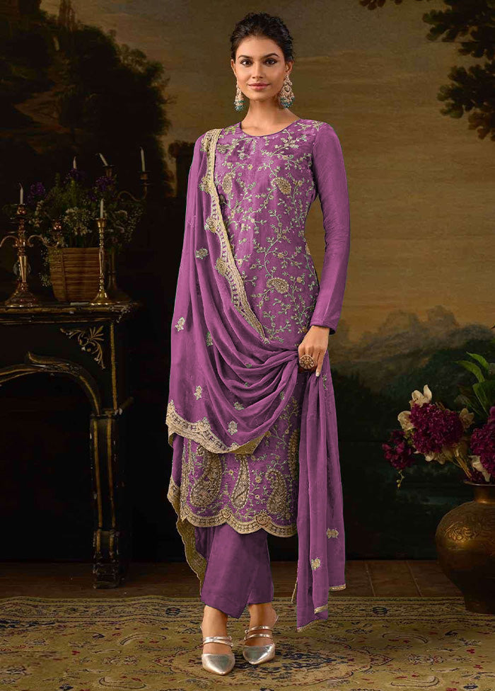 3 Pc Purple Semi Stitched Silk Suit Set Classic Cheap Pice