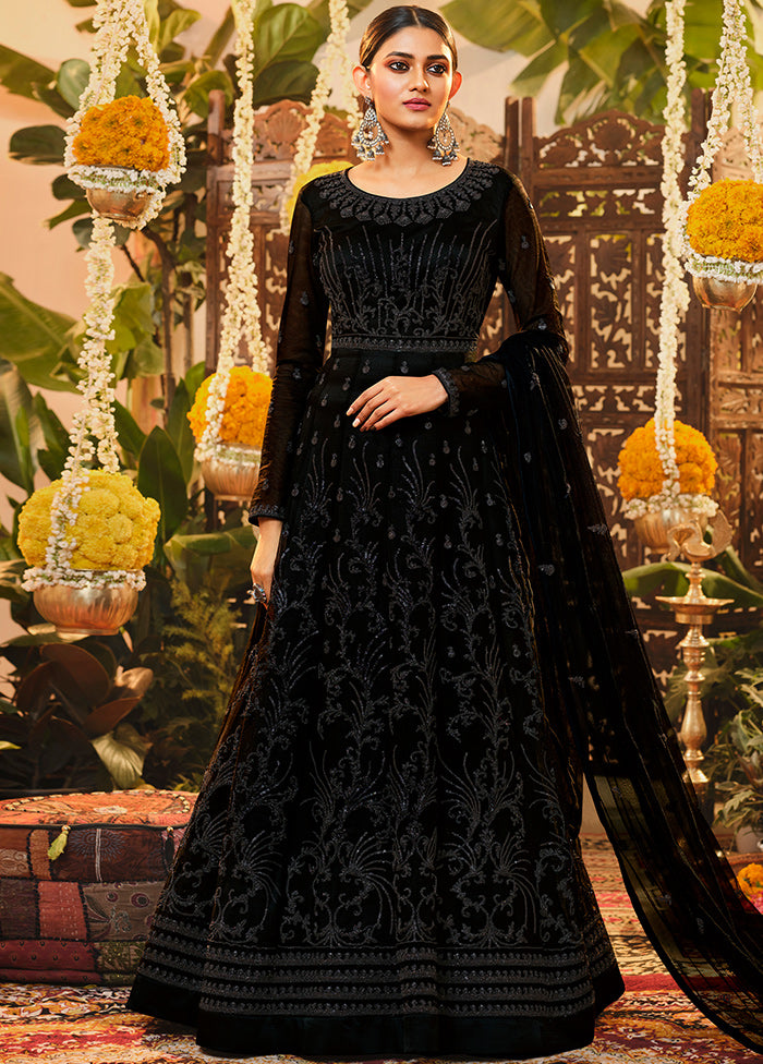 3 Pc Black Semi Stitched Net Suit Set Fashion Style Online