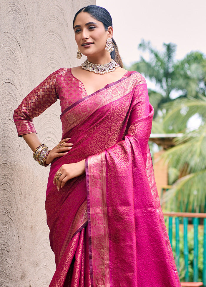 Pink Kanjivaram Silk Saree With Blouse Piece Cheap For Nice