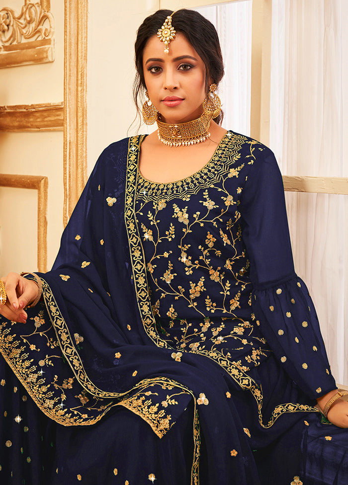 3 Pc Navy Blue Semi Stitched Georgette Suit Set Free Shipping