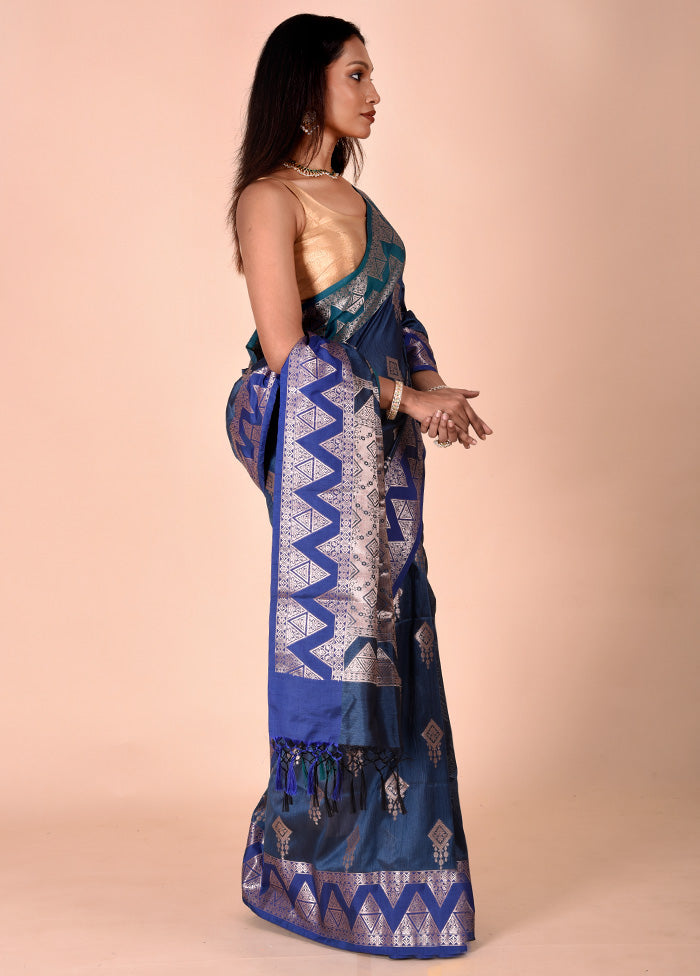 Blue Cotton Saree With Blouse Piece With Credit Card Cheap Online