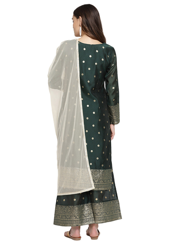 3 Pc Green Readymade Chanderi Dupatta Suit Set Sale 2025 Newest