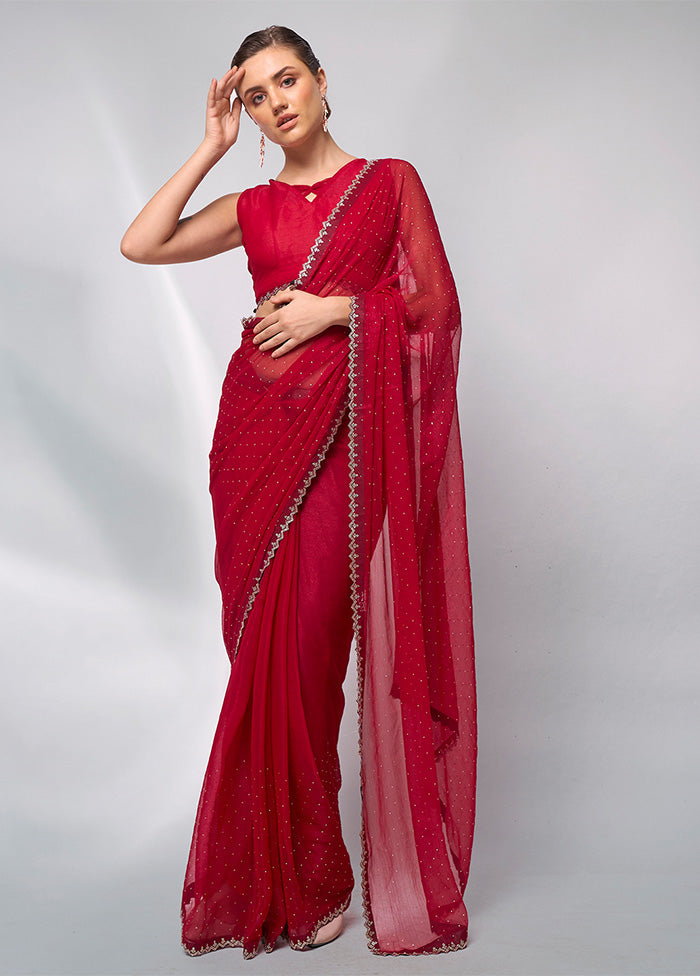 Red Spun Silk Saree With Blouse Piece Cheap Sale Big Discount