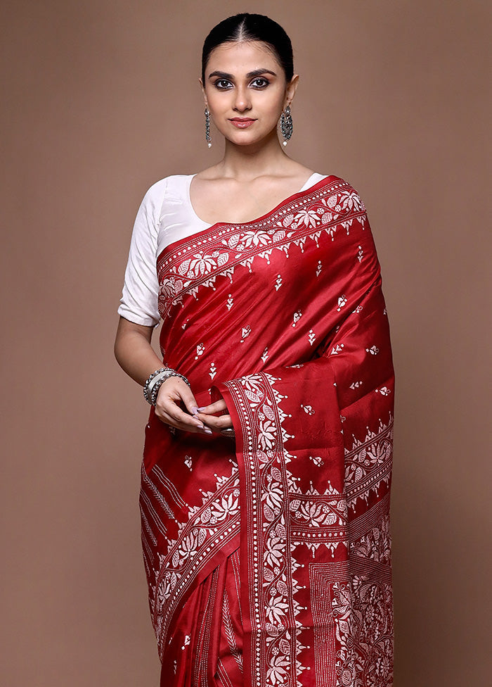 Red Handloom Kantha Stitch Pure Silk Saree With Blouse Piece Sale Nicekicks