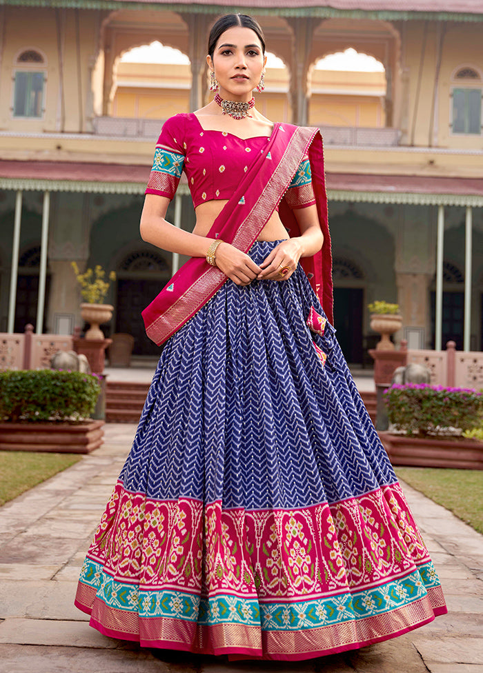 3 Pc Blue Silk Semi Stitched Lehenga Set Cheap Sale Best Wholesale