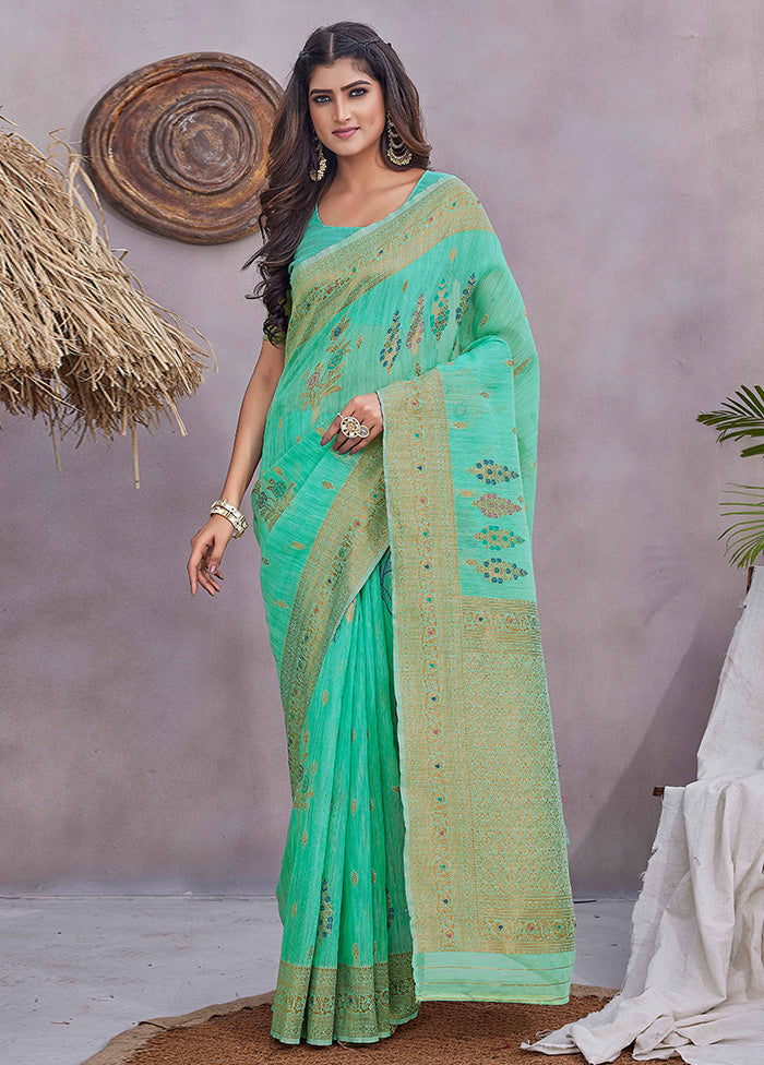 Sea Green Linen Silk Saree With Blouse Piece Clearance Best Place