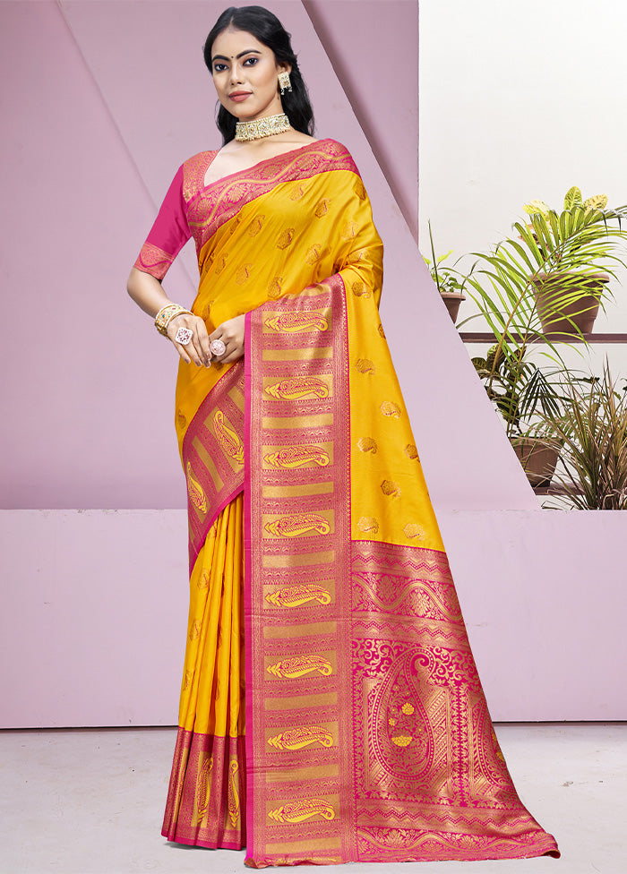 Yellow Dupion Silk Saree With Blouse Piece Buy Cheap Authentic