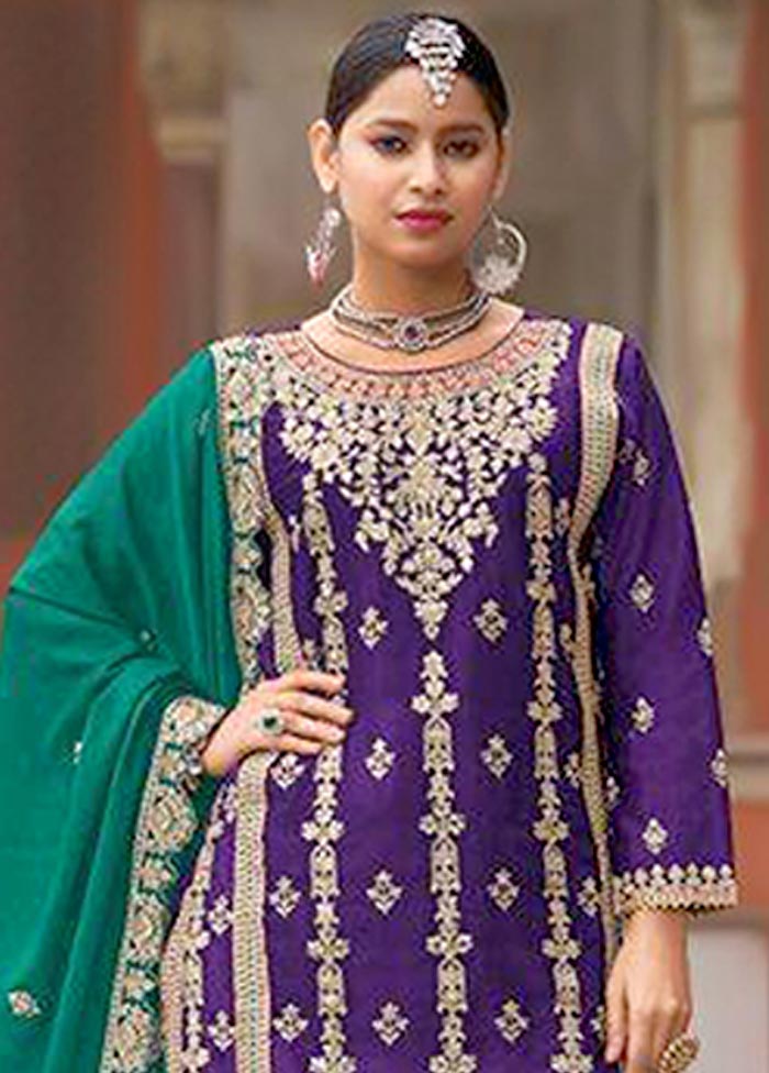 3 Pc Purple Semi Stitched Silk Suit Set From China Free Shipping Low Pice