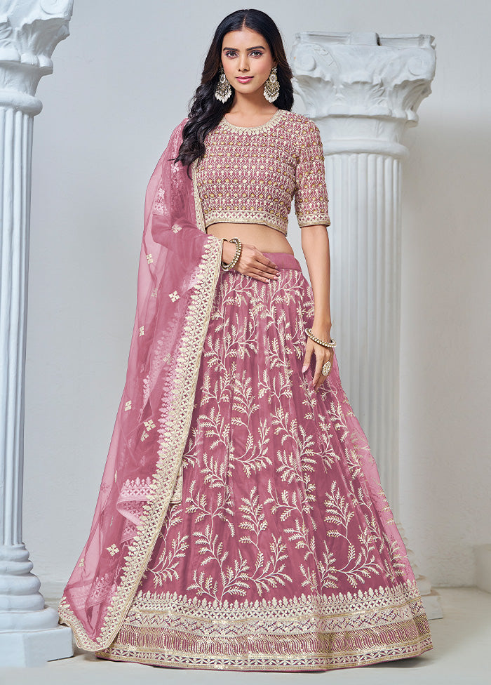 3 Pc Pink Net Semi Stitched Lehenga Set Outlet Hot Sale