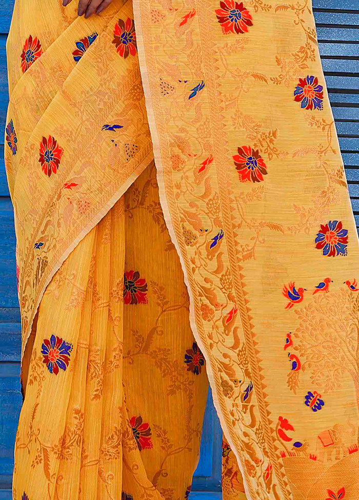 Mustard Linen Silk Saree With Blouse Piece Top Quality Online