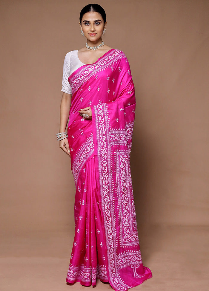 Pink Handloom Kantha Stitch Pure Silk Saree With Blouse Piece Quality Free Shipping Low Pice