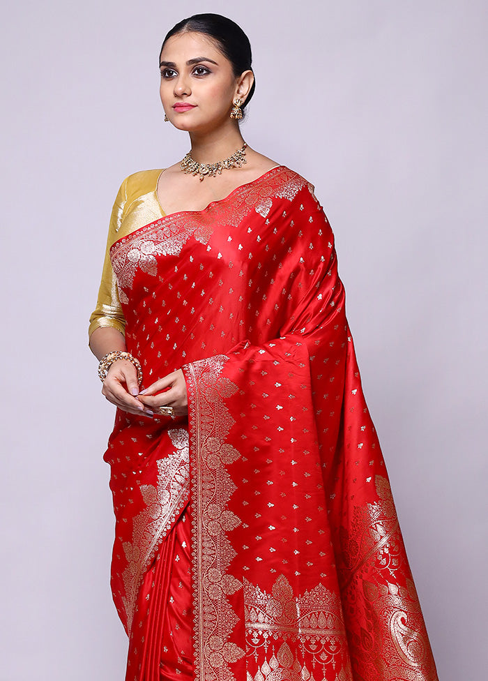 Red Banarasi Silk Saree With Blouse Piece Cheap Visa Payment