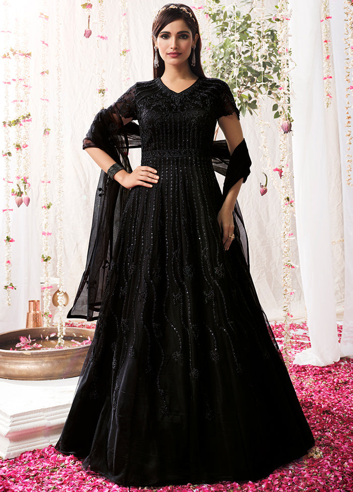 3 Pc Black Semi Stitched Satin Resham Thread Work Gown Buy Cheap 100% Original