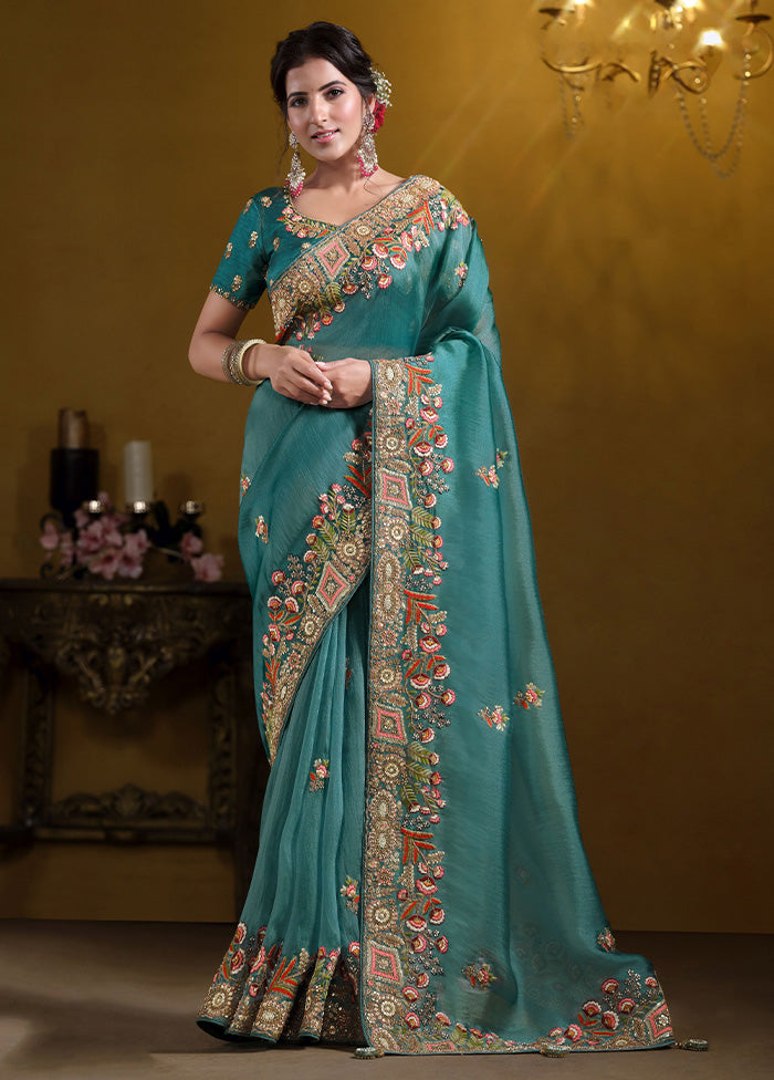 Teal Blue Spun Pure Silk Saree With Blouse Piece Fake Cheap Online