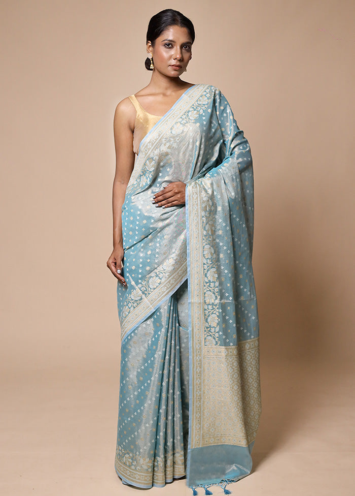 Blue Tissue Silk Saree With Blouse Piece Cheap Sale Outlet Locations