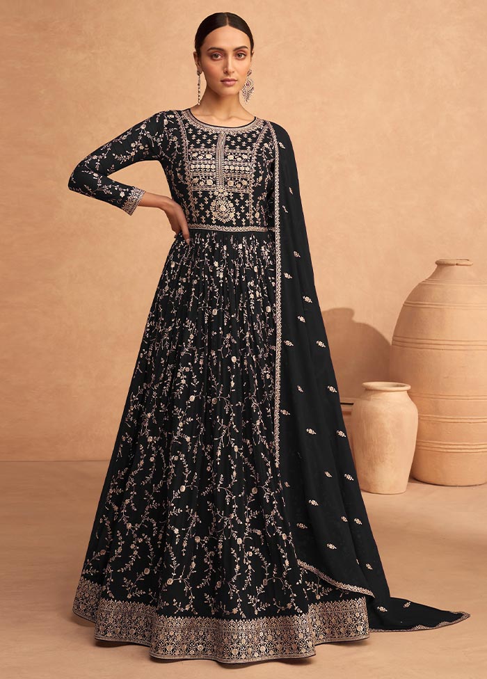 3 Pc Black Semi Stitched Georgette Suit Set Sale Shop Offer