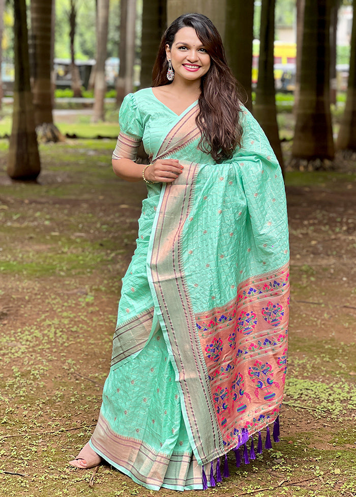 Sea Green Dupion Silk Saree With Blouse Piece Cheap Pice Free Shipping